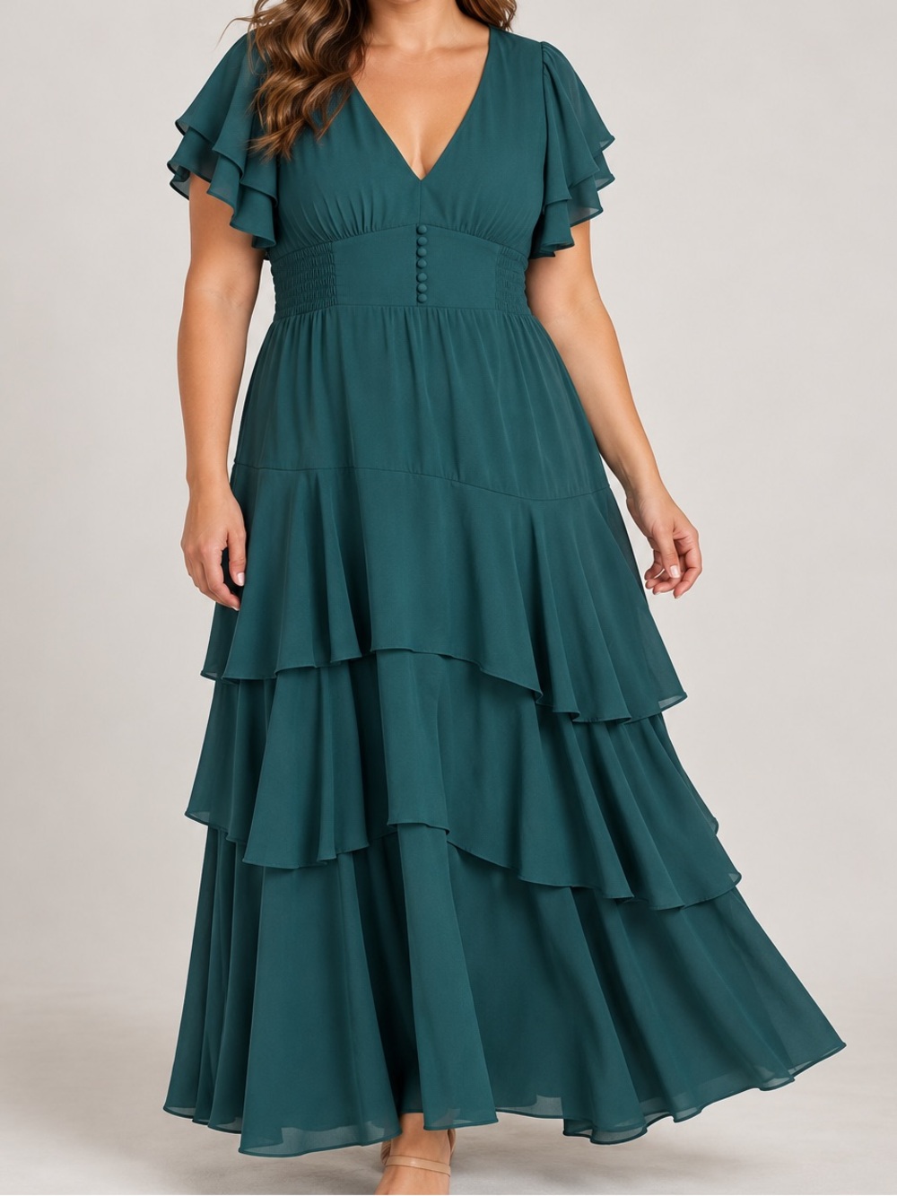 Lulu's Dark Green V-Neck Tiered Maxi Flutter Sleeve Dress, XXL